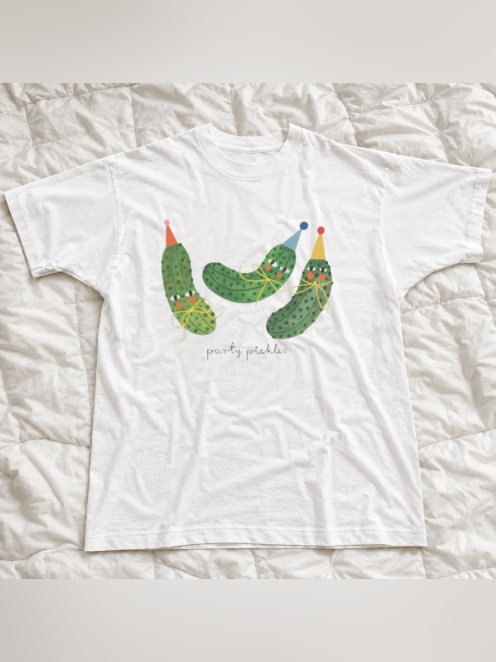 White Women Tee with Green Party Pickles Graphic